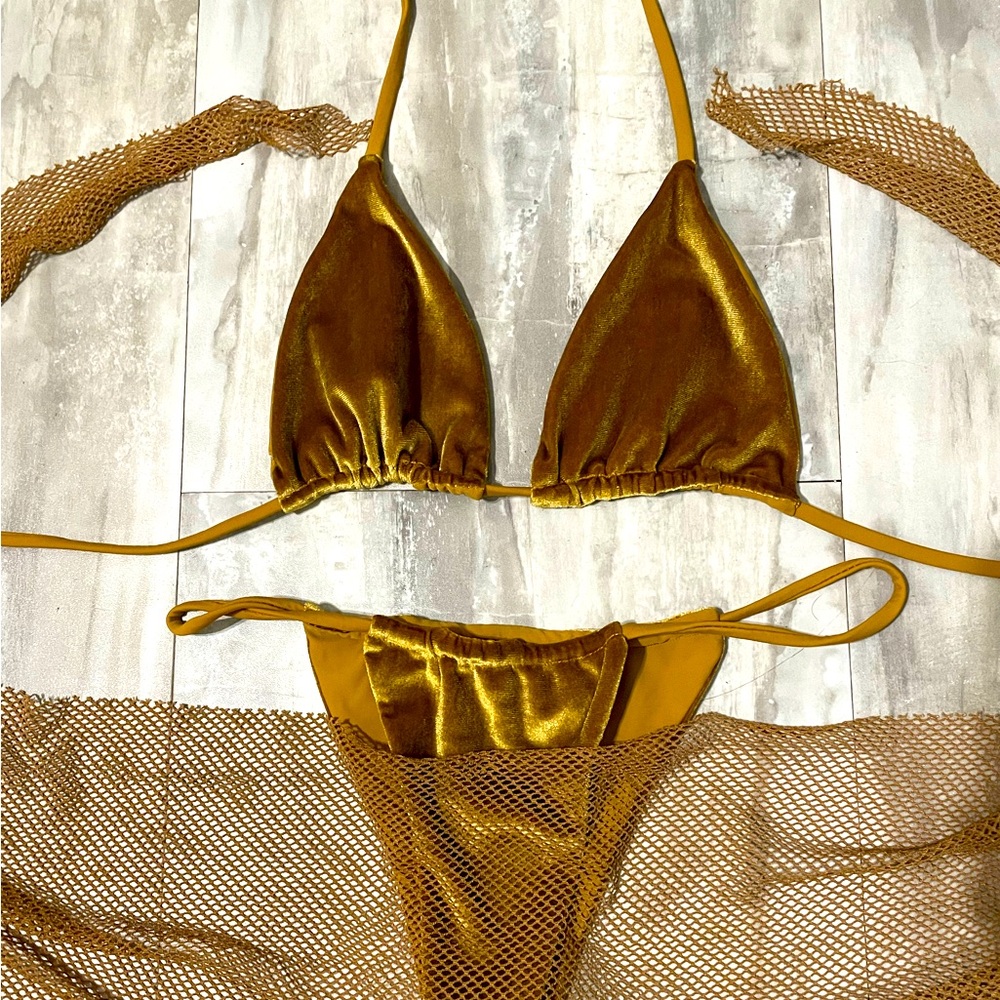 Gold Bikini Set w/ Net Cover Up